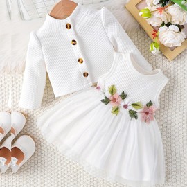 FYMNSI Baby Girl Floral Dress with Cardigan Toddler Autumn Dress Leisure Cotton Dress Princess Birthday Party Dress, White
