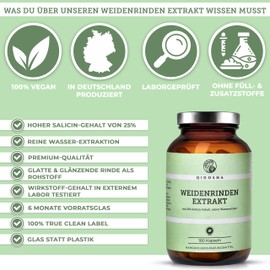 QIDOSHA Willow Bark Extract with 25% Salicin, 180 Capsules in Pharmacist Glass, Active Ingredient Content Tested in External Laboratory, 250 mg per Capsule, German Production