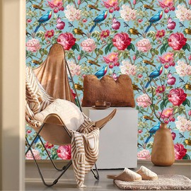 WalRiddle Vintage Pink Blue Peony Floral Birds Peel and Stick Wallpaper Easy Peel Off Contact Paper Stick on Adhesive Wall Paper for Bathroom Waterproof Renter Friendly