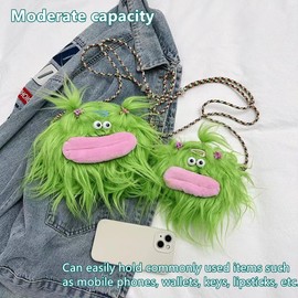Ugly Cute Plush Doll Bag Crossbody Bag, Funny Cartoon Furry Shoulder Bag, Cute Fur Monster Doll Crossbody Bag for Girls, Green