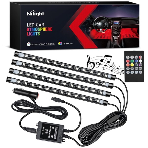 Nilight - TR-06 4PCS 48 LED Interior Lights DC 12V Multicolor Music Car Strip Light Under Dash Lighting Kit with Sound Active Function and Wireless Remote Control, 2 Years Warranty