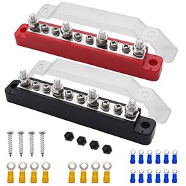 Seamaka (Red+Black) Power Distribution Terminal Block with Cover with 4 x M6 Terminal Studs,6 x M4 Terminal Screws,Battery Bus Bar for Car/Boat/Marine O-038-10-B