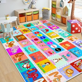 DoRlPIeY Kids Alphabet Game Rug - ABC Educational Area Rugs - 4x6 Alphabet Months Fruits Colors Seasons and Animal Fun Studay Game Non Slip Mat for Kids Bedroom Kindergarten Nursery