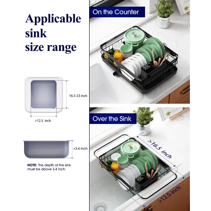 Kitsure Compact Kitchen Dish Drying Rack with Drainboard and Cutlery