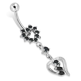 Comfort Zone Studios 1.6 MM (14g) Stainless Steel Jet Black CZ Double Floating Floral Love Heart Charm Dangling Belly Button Navel Ring