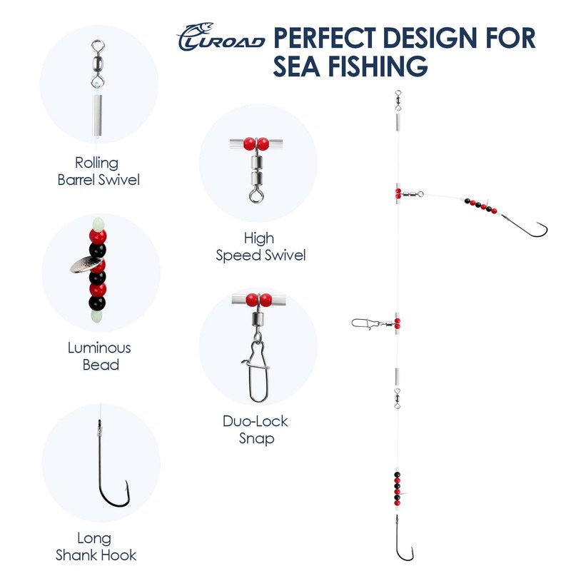 Luroad 5Pcs Sea Fishing Flapper Rigs 2 Hooks, Pre Tie