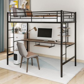 Harper & Bright Designs Loft Bed, Metal Twin Loft with Desk and Shelves Space Saving High Loft Bed for Kids and Teens, Black