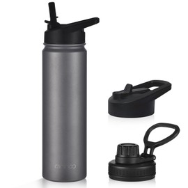 mininoo 24 oz Insulated Water Bottle with Straw, Stainless Steel Double Wall Vacuum Thermos with Straw Lid & Chug Lid, Leak Proof, BPA Free, Keep Cold for 24H & Hot for 12H(Grey)