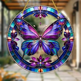 Vibrant Flower Butterfly Stained Windows Hanging Suncatcher,Flower Stained Glass Suncatchers Window Ornament Stained Glass Panel Sun Catcher Wall Hanging Decor Birthday Gifts