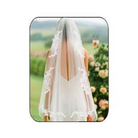 EASEDAILY Lace Wedding Veils White Short Waist Fingertip Length 1 Tier Bridal Tulle Veil with Comb for Women and Brides (Ivory)