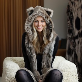 Pinkgarden Plush Novelty Animal Hat, 3-in-1 Faux Fur Hood Winter Warmer Cap and Stylish Full Animal Hat