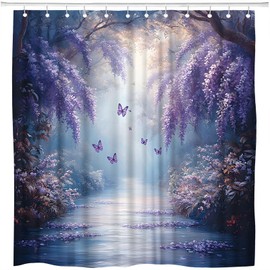 Purple Wonderland Shower Curtain Fantasy Violet Vine Floral Butterfly Spring Misty Forest Natural Scene Bathroom Polyester Curtains Set with Hooks 70x70 Inch