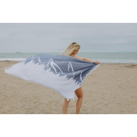 InfuseZen Turkish Towel with Mountain Landscape – 100% Organic Turkish Cotton - Sand Free Quick Dry Beach Peshtemal – Thin Reversible Absorbent Pool Hammam – Plus Size Gym, Travel Fouta (Navy)