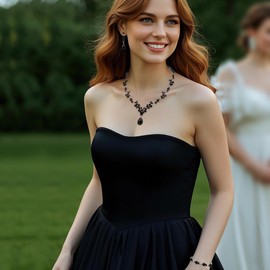 BriLove Wedding Jewellery Set for Women Bride Guest Dresses, Y-Necklace Tennis Bracelet Dangle Earrings Crystal Teardrop Marquise Cluster Jewelry for Bridal Bridesmaid Black Silver-Tone