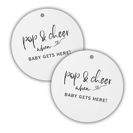 Pop & Cheer When Baby is Here Minimalist Hang Tags | 30 Pk for Baby Shower Mini Champagne Labels Neutral Black and White Neutral