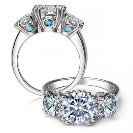 CivetCat Three Stone Rings with Sapphire for Women - 5cttw Moissanite Aquamarine Wedding Ring Center 3.0 ct with Side 1.0 ct DEF color VVS Certified Moissanite Diamond Platinum Plated