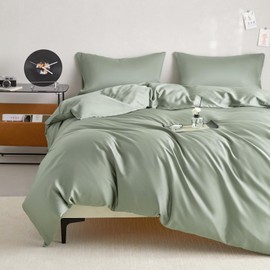 DCSKY Queen Size Tencel Duvet Cover Set 3-Piece - 100% Lyocell Bedding Set, Silky Smooth & Hypoallergenic, Temperature Regulating for Hot Sleepers (Green, 104x90 Inches)