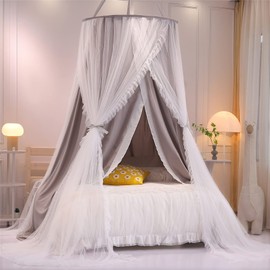 HUOQOU Double Layer Princess Round Dome Canopy Bed Curtain for Girls Adults Children Dreamy Mosquito Net Cute Bedroom Decoration Castle Play Tent Reading Corner (Grey/White)