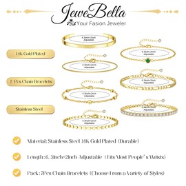JeweBella 3-7 Piece Bracelet Women's Gold Stainless Steel Chain Bracelets Set 18K Gold-Plated Bracelet Women's Adjustable Twist Snake Figaro Tennis Charm Bracelet Set Waterproof Gold Jewellery for