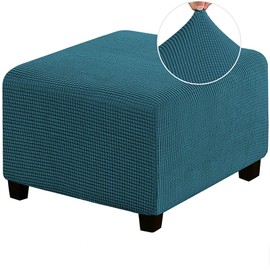 HJLRR Square Ottoman Cover, Feature Stretch Thick Soft Jacquard Fabric Footstool Protector Covers, Removable Anti-Slip Furniture Protectors Storage Foot Stool,Teal,M