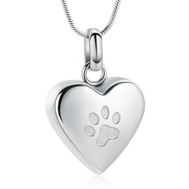 VCCWYQK Cremation Urn Necklace for Dogs Paw Print Heart Urn Necklace for Pets Memorial Keepsake Jewelry, Stainless Steel, No Gemstone
