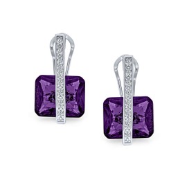 Art Deco Style Square Gemstone Cubic Zirconia AAA Rectangle Simulated Purple Amethyst Emerald Cut CZ Drop Earrings For Women Silver Plated Omega Back February Birthstone