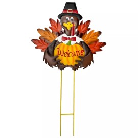 YUMBOR Rustic Thanksgiving Fall Harvest Metal Turkey Stake Pumpkin Welcome Sign 29''H