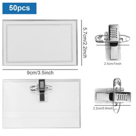 Pack of 50 Name Badges, 90 x 56 mm, Transparent, with Clip and Lapel Pin, Ideal for Clothes, Name Tag Holders for School, Office, Conferences, Business and Events