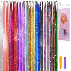 Hersun Tinsel Hair Extensions Random Different 16 Colors 5000 Strands 48in With Tools Heat Resistant Tinsel Hair Accessories For Girls & Women