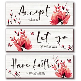 3 Pcs Red Bathroom Decor Rustic Flower Wall Art Accept Let Go Have Faith Farmhouse Bedroom Wall Decor Wooden Inspirational Quotes Decorations for Living Room Bathroom Bedroom(Red, 12 x 4 Inches)