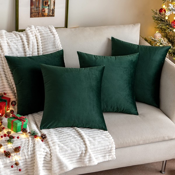 MIULEE Pack of 4 Velvet Cushion Covers Christmas Soft Decorative Square Throw Pillowcases with Invisible Zipper for Living Room Bedroom Sofa Couch Office Home 45x45 cm 18x18in Dark Green