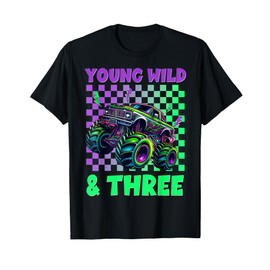 Kids 3rd Birthday Boy Monster Truck Young Wild And Three T-Shirt