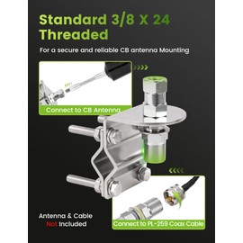 Anina CB Radio Antenna Mount Kit with 3/8 X 24 SO239 Stud Heavy Duty Stainless Bracket Steel Fits 13mm–30mm Round Tubes, Universal for Truck Mirror, Jeep, Semi, Off-Road Vehicles