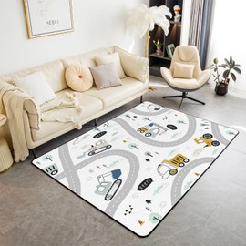 Construction Area Rug 3x5 Kids Equipment Trucks Decorative Carpet Set for Boys Teens Downtown Road Living Room Rugs Construction Vehicles Grey Yellow Indoor Floor Mat Room DecorAccent Rug