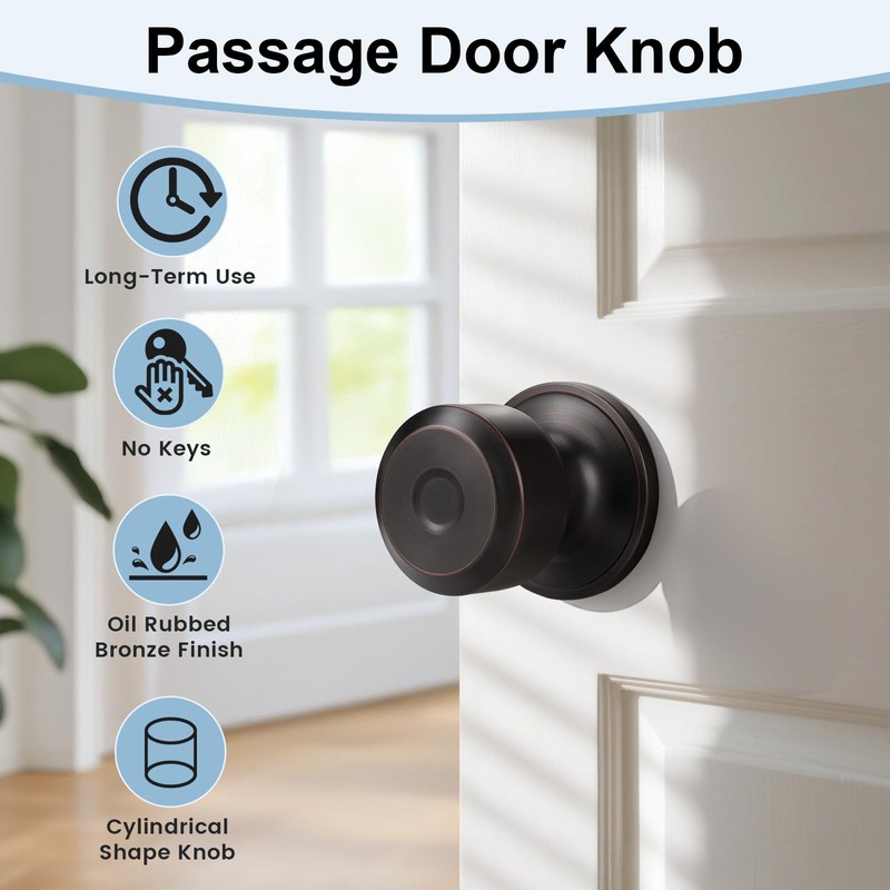 KNOBWELL Oil Rubbed Bronze Passage Door Knob, Non-Locking Interior Closet