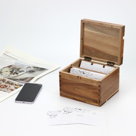KVMORZE Acacia Wood Recipe Box with Cards, Blank Recipe Box Wooden Set Includes 50 PCS Recipe Cards and 6 PCS Category Dividers, Wooden Recipe Card Holder Perfect for Recipe Organizer