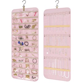 Bloss Hanging Jewelry Organizer with 48 Pockets, Double-Size Hanging Jewelrys Holder with Hanger Hooks, Jewelry Organizers and Storage for Earrings, Necklaces and Rings,Pink
