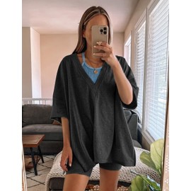 Ailoqing 2 Piece Outfits for Women Summer Oversized V Neck T Shirt Biker Short Sets Hot Shot Reversible Set(DarkGrey-S)