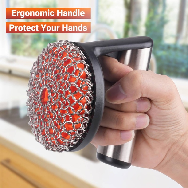 Skyflame Cast Iron Scrubber with Handle, Stainless Steel Chainmail Scrub,
