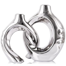 Ceramic Vase Set of 2 for Modern Home Decor,Round Boho Vase for Pampas Grass,Neutral Minimalist Statue for Dining Room Table Centerpiece Dining Room,Wedding Table Decoration (Silver1)