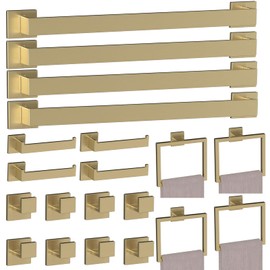 20-Piece Brushed Gold Bathroom Accessories Set – 23.6" Towel Bar, Towel Ring, Toilet Paper Holder & Hooks, Wall Mounted Bathroom Hardware, Rust & Corrosion-Resistant, Ideal for Modern Bathrooms