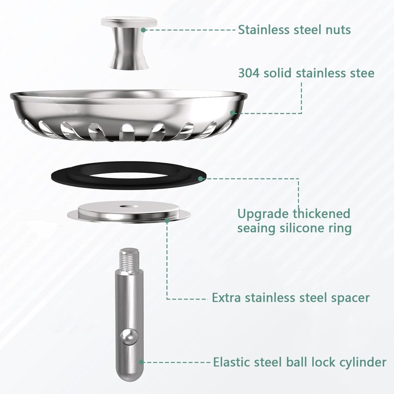 2 x Waterproof Stainless Steel Sink Drainer Plug, Durable Kitchen