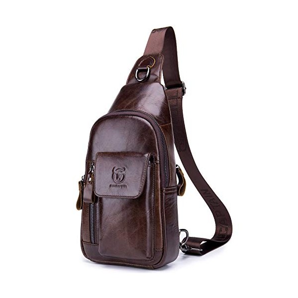Mens Leather Crossbody Bag Shoulder Sling Bag Casual Daypacks Chest Bags for Travel Hiking Backpacks (Coffee)