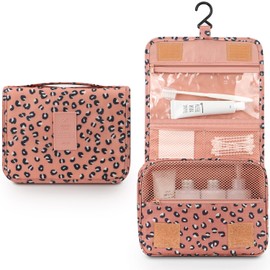 Mossio Hanging Toiletry Bag - Large Cosmetic Makeup Travel Organizer for Men & Women with Sturdy Hook (Pink Leopard)