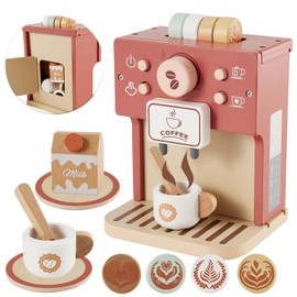 BUYGER Wooden Toy Coffee Machines for Kids, Pretend Role Play Kitchen Coffee Afternoon Tea Party Set Toy Accessories Educational Gift for Kids Boys Girls Toddler Children Ages 3 4 5 + Years Old