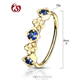 Forbidden Body Jewelry 20g 8mm 14k Gold Plated Surgical Steel Bendable Nose/Rook/Helix Hoop Featuring CZ & Floral Design, Metal, cubic-zirconia