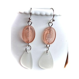 Silver, Pale Pink Kiwi Czech Bead and Frosty White Faux Sea Glass Earrings. Jewelry Earrings for Women #3298FE3070