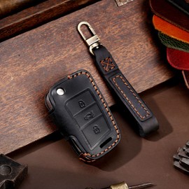 ontto Leather Car Key Case Suitable for VW Golf 7 MK7 Polo T-ROC Tiguan Touran Skoda Karoq Superb Seat Leon Remote Control Cover Key Case Key Fob Protective Case – Black B