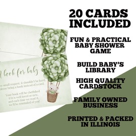 Amanda Creation Book Request Cards Gender Neutral Sage Green Teddy Bear Bring a Book Insert Request for Baby Shower - 20 2.5 by 4 Inch Double Sided Gift Tags, Made in the USA