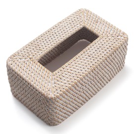 Rattan Tissue Box Cover, Rectangular Wicker Tissue Box Holder, Decorative Woven Facial Tissue Holder for Bathroom, Kitchen, Living Room, Bedroom (Whitewash)